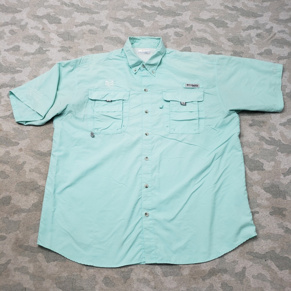 Columbia PFG Shirt Mens Large Green Fishing Button-Up Short Sleeve Outdoors